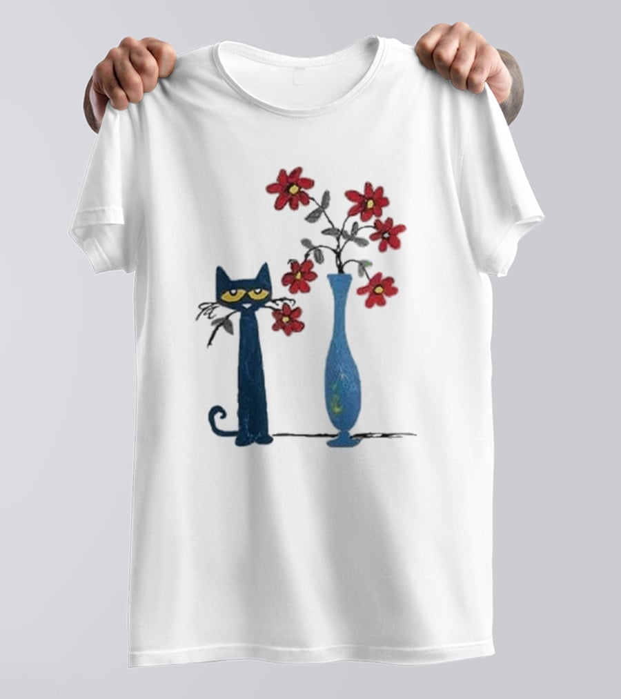 Pete The Cat And Red Flowers In Blue Vase T-Shirt