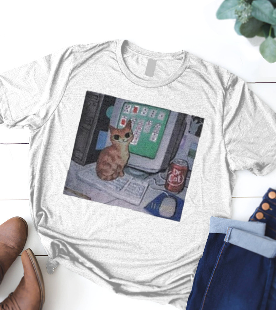 Solitaire Cat Drinking Dr Cat Next To Computer T-Shirt