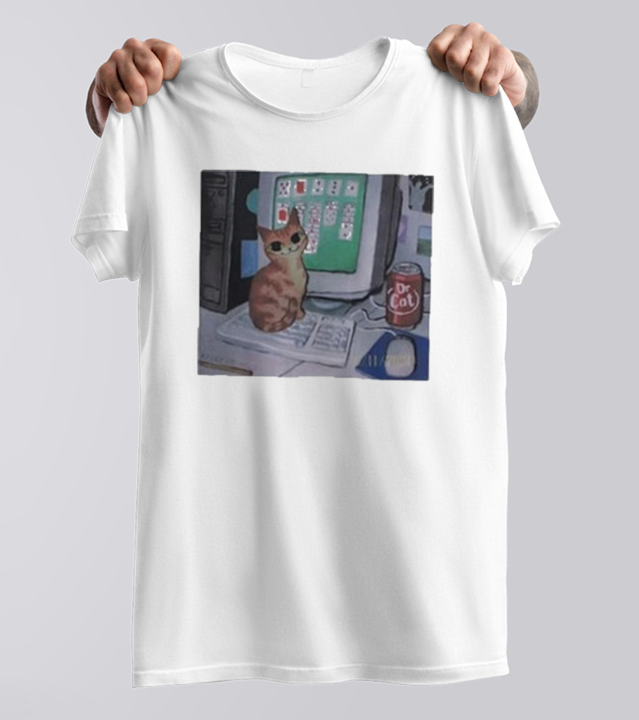 Solitaire Cat Drinking Dr Cat Next To Computer T-Shirt