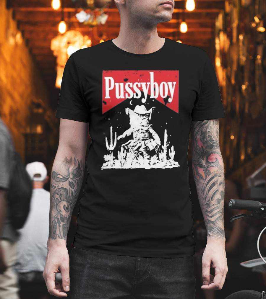 Ezramichelmusic Pussyboy Western Cat Cactus Night Scene T-Shirt