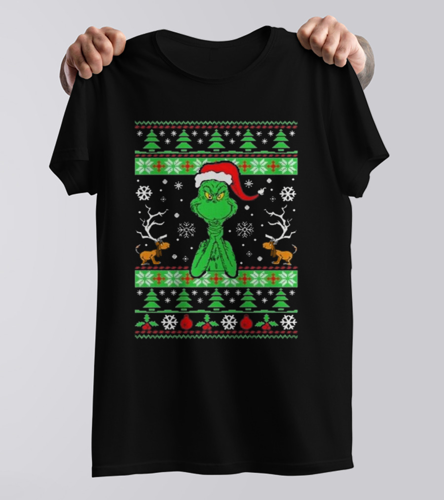 Grinch Santa Max Reindeer Trees Snowflakes Ugly Christmas T-Shirt