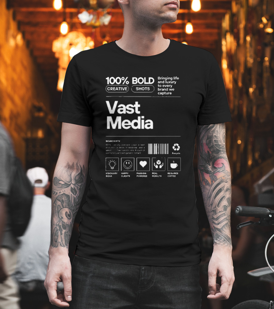 100% Bold Creative Shots Bringing Life And Luxury To Every Brand We Capture Vast Media Visionary Ideas Happy Clients Passion-Powered Real Results Requires Coffee T-Shirt