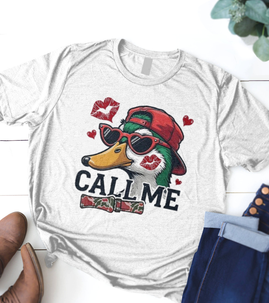 Call Me Valentine Mallard Duck In Sunglasses And Red Cap Surrounded By Hearts And Kisses T-Shirt