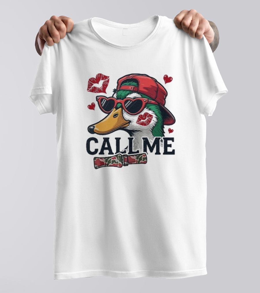 Call Me Valentine Mallard Duck In Sunglasses And Red Cap Surrounded By Hearts And Kisses T-Shirt