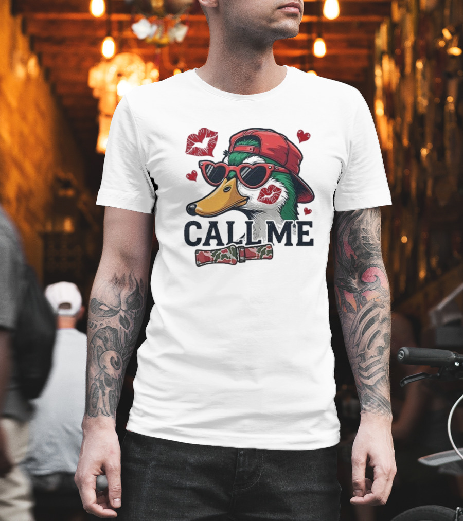 Call Me Valentine Mallard Duck In Sunglasses And Red Cap Surrounded By Hearts And Kisses T-Shirt