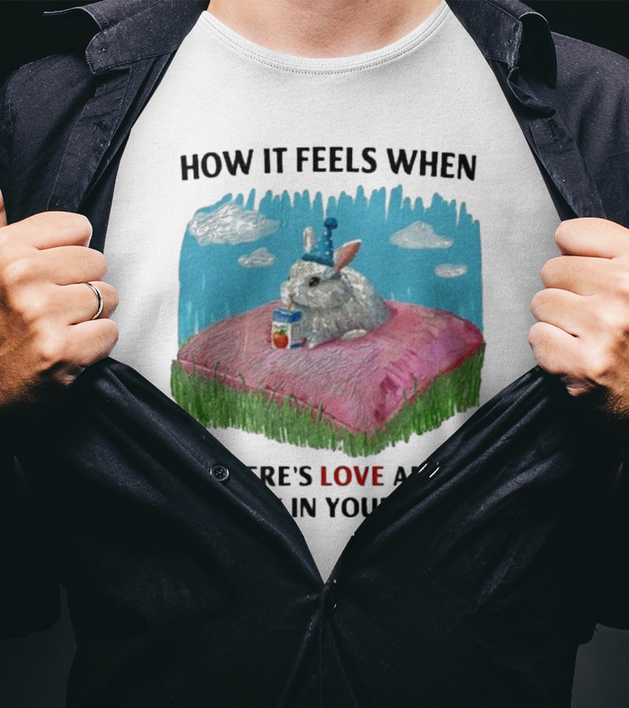 HOW IT FEELS WHEN THERE'S LOVE AND WHIMSY IN YOUR HEART With Rabbit On Pillow And Juice Box T-Shirt