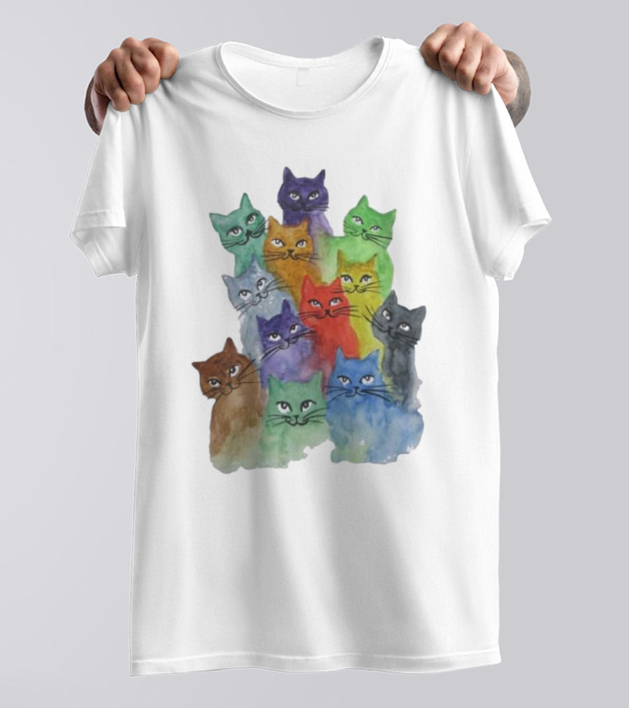 Cats All Around Colorful Watercolor Feline Faces T-Shirt
