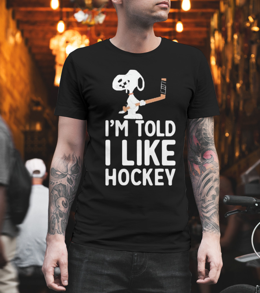 Snoopy I'm Told I Like Hockey Peanuts Comic Hockey Stick T-Shirt