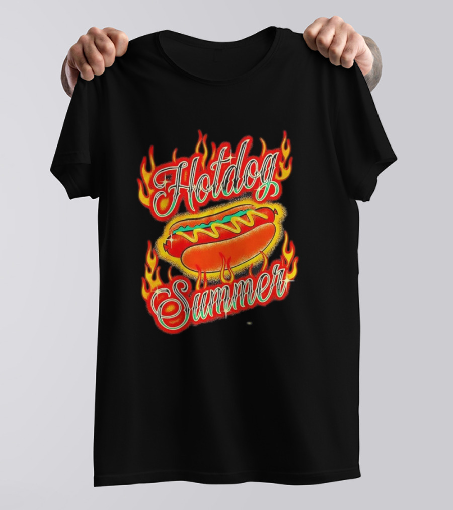 Hotdog Summer Flaming Hotdog Graphic With Fiery Flames T-Shirt