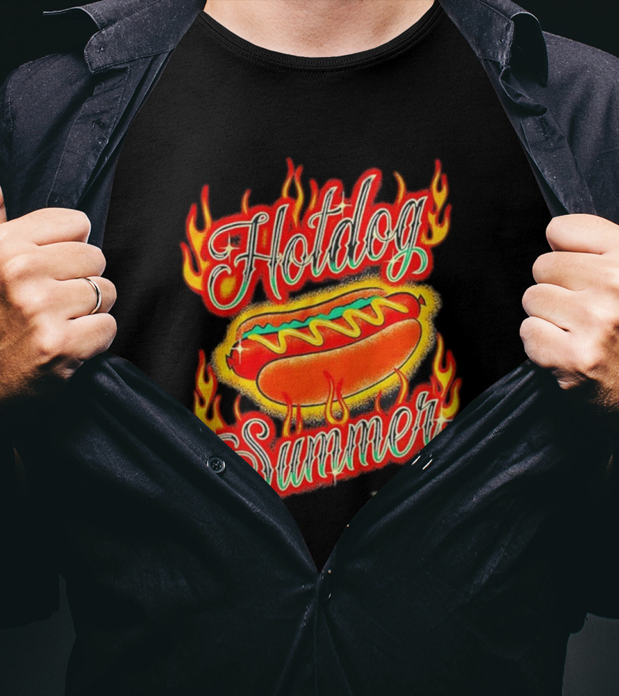 Hotdog Summer Flaming Hotdog Graphic With Fiery Flames T-Shirt