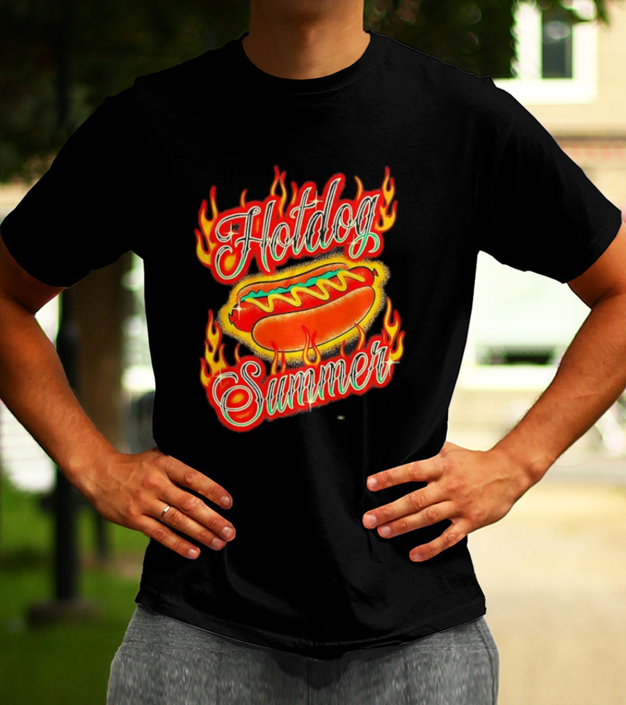 Hotdog Summer Flaming Hotdog Graphic With Fiery Flames T-Shirt