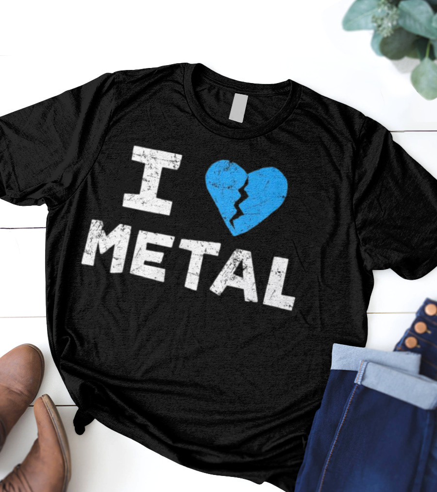 I Love Metal Broken Heart Blue Distressed Text T-Shirt