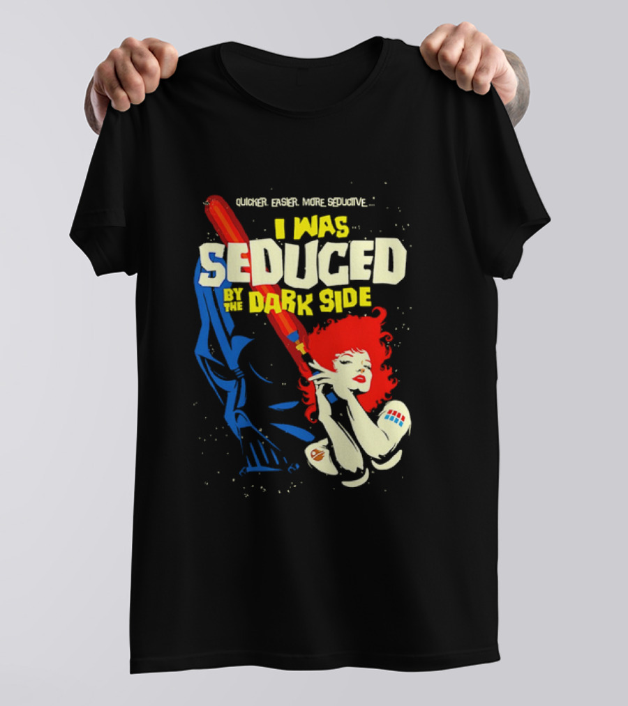 I Was Seduced By The Dark Side Cartoon Darth Vader And Redhead Woman T-Shirt