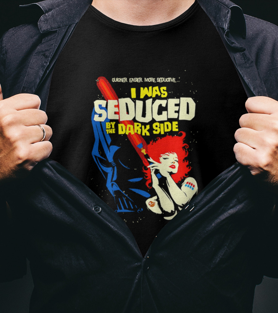 I Was Seduced By The Dark Side Cartoon Darth Vader And Redhead Woman T-Shirt