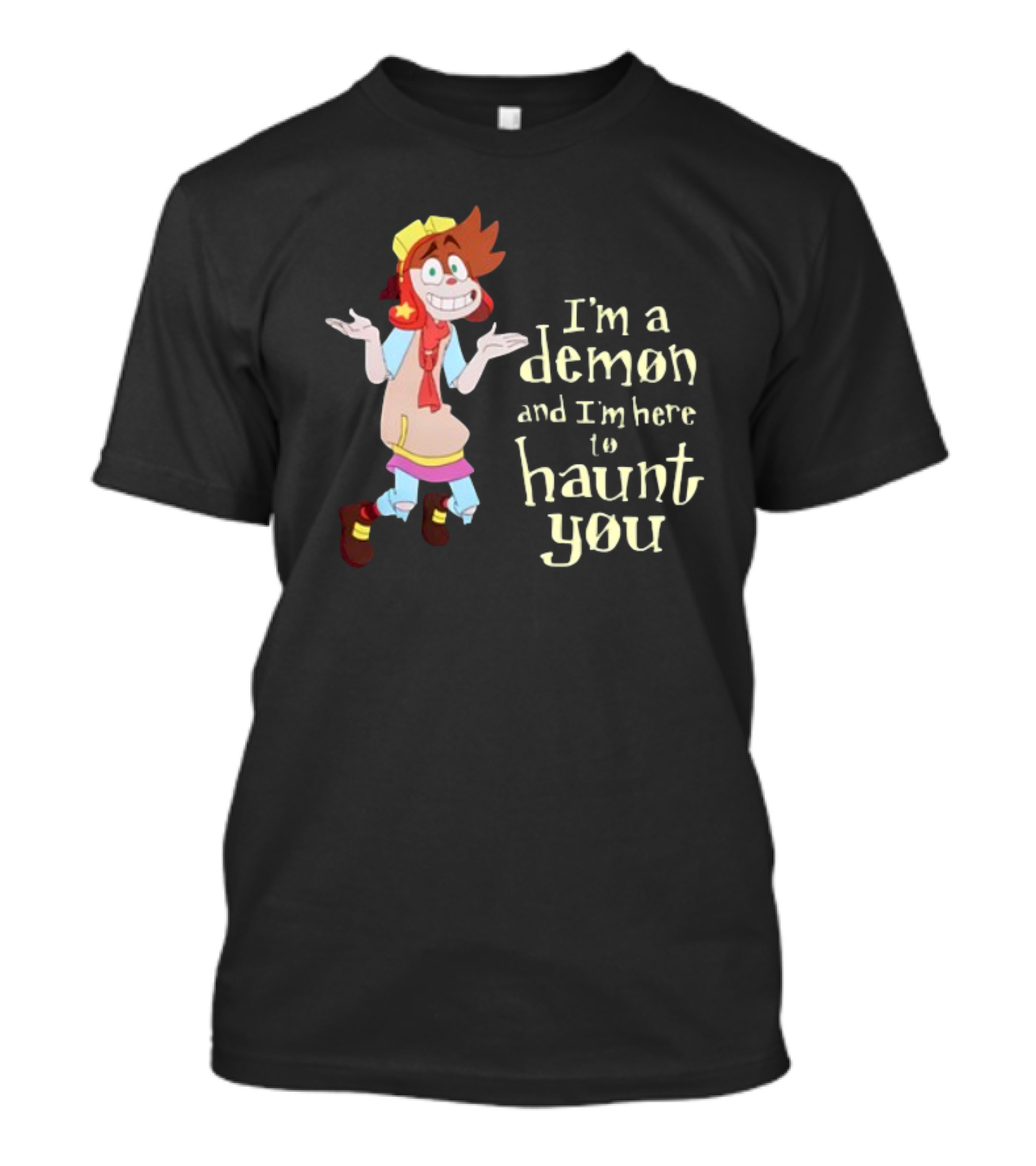 I'm A Demon And I'm Here To Haunt You Whimsical Cartoon Character With Red Hair And Yellow Cap T-Shirt