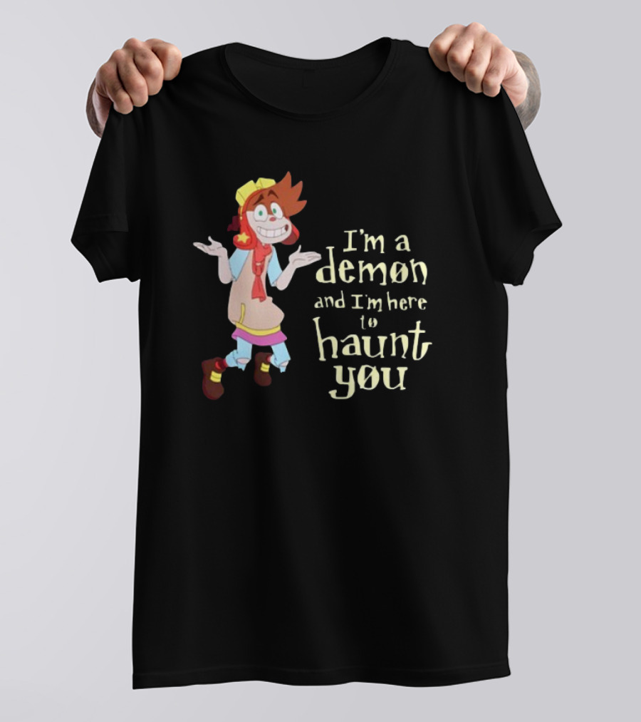 I'm A Demon And I'm Here To Haunt You Whimsical Cartoon Character With Red Hair And Yellow Cap T-Shirt