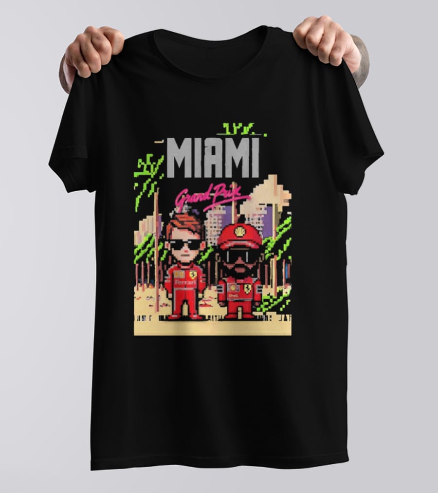 Lewis Hamilton Charles Leclerc Ferrari Team Pixel Style Miami Grand Prix 2025 T-Shirt