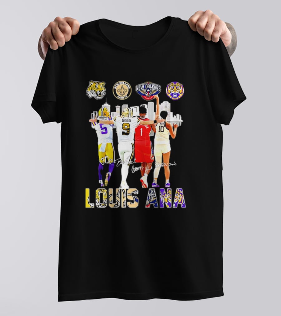 Louisiana Sports Teams 2025 Signatures Skyline Drew Brees Tiger Saint Pelican LSU T-Shirt