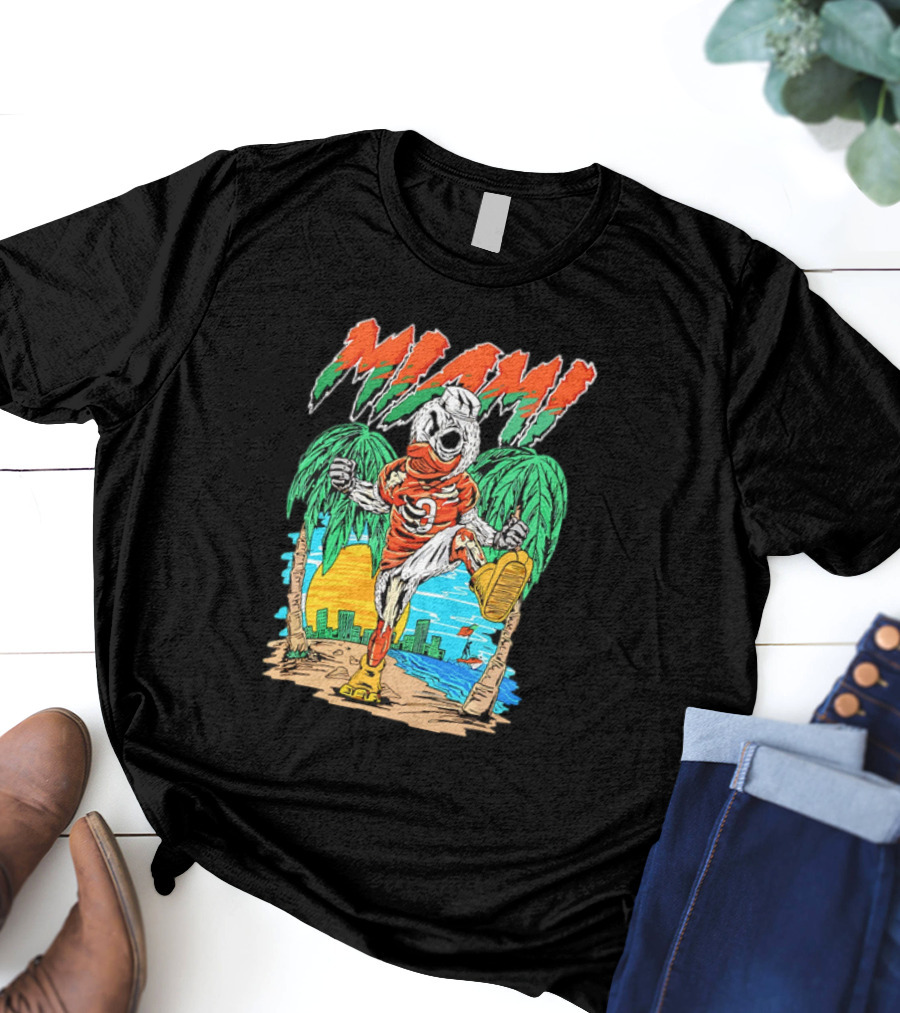 Miami Hurricanes Sebastian The Ibis Palm Trees Cityscape Sunrise T-Shirt