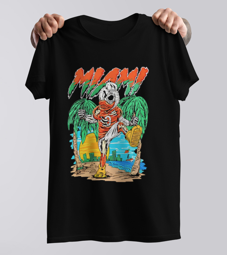 Miami Hurricanes Sebastian The Ibis Palm Trees Cityscape Sunrise T-Shirt