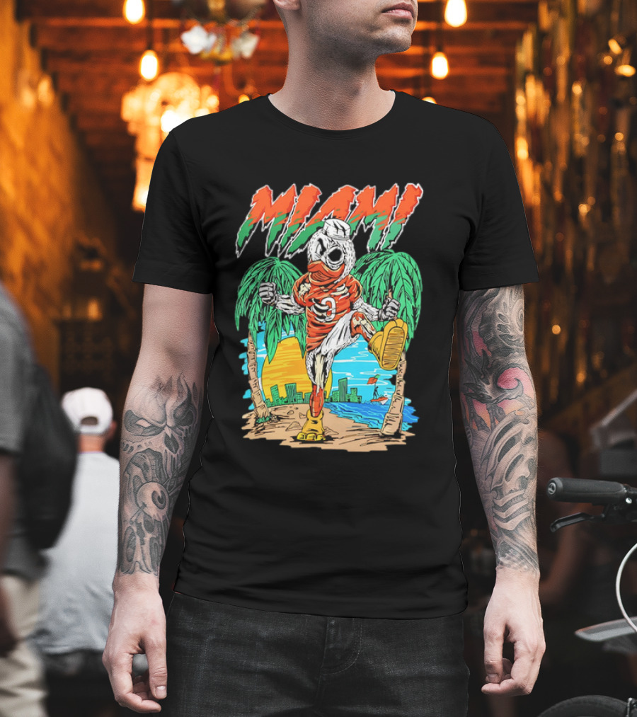 Miami Hurricanes Sebastian The Ibis Palm Trees Cityscape Sunrise T-Shirt