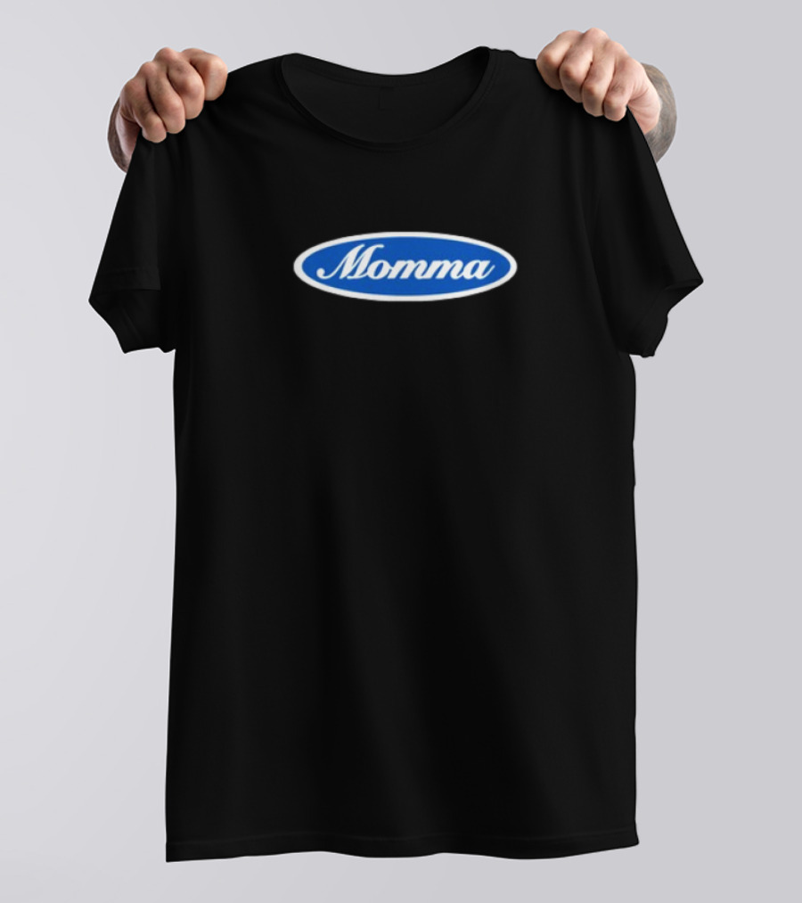 Momma Blue Oval White Script Text T-Shirt