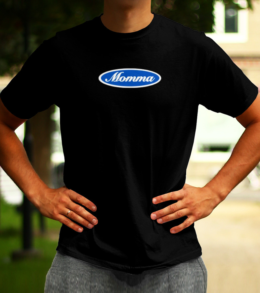 Momma Blue Oval White Script Text T-Shirt