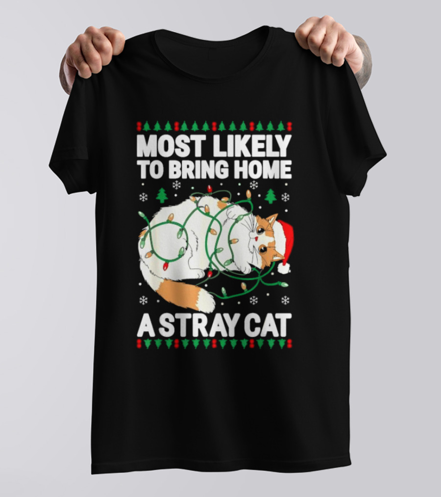 Most Likely To Bring Home A Stray Cat Christmas Lights Santa Hat Festive Holiday Cat T-Shirt