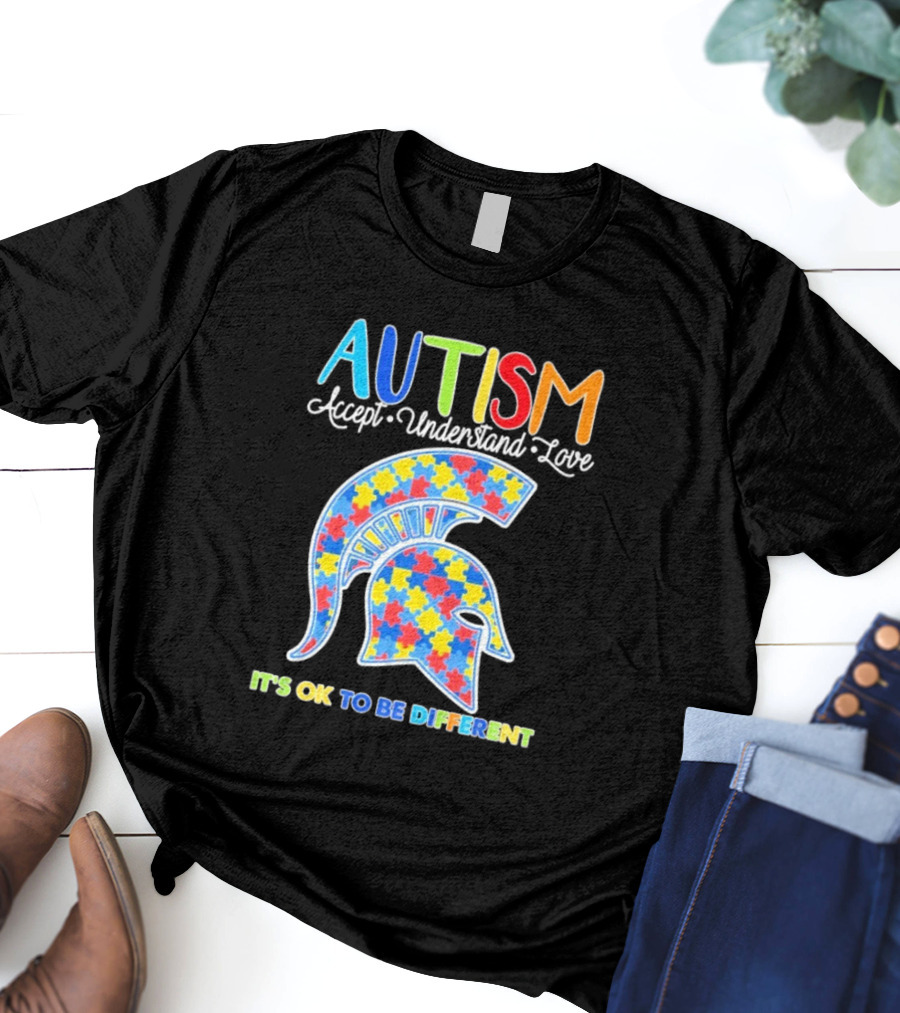 Autism Accept Understand Love It's OK To Be Different Puzzle Pattern Spartan Helmet T-Shirt