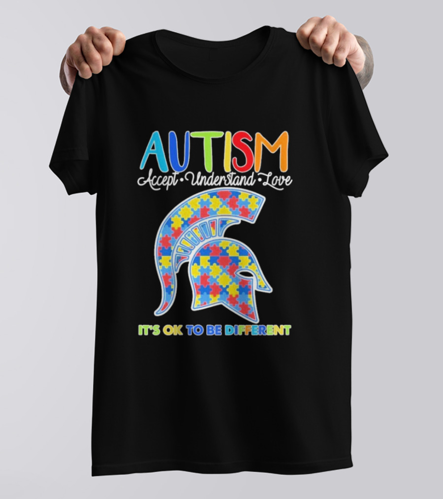 Autism Accept Understand Love It's OK To Be Different Puzzle Pattern Spartan Helmet T-Shirt