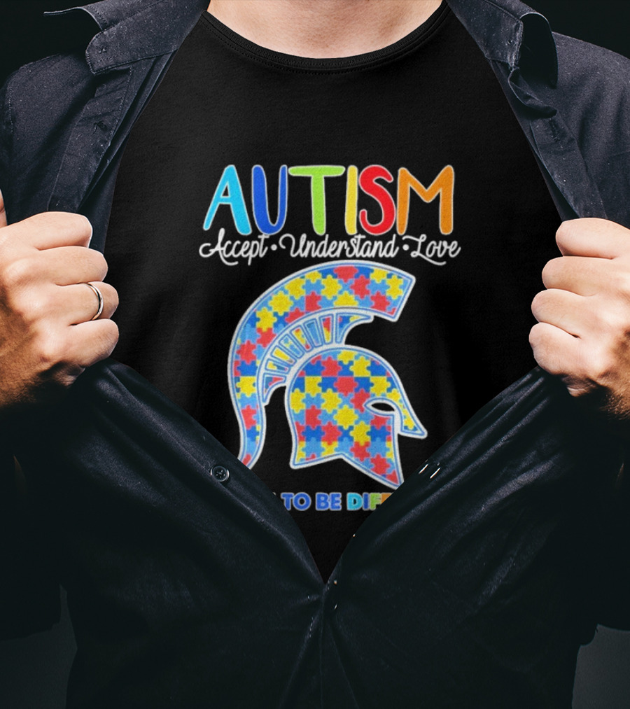 Autism Accept Understand Love It's OK To Be Different Puzzle Pattern Spartan Helmet T-Shirt