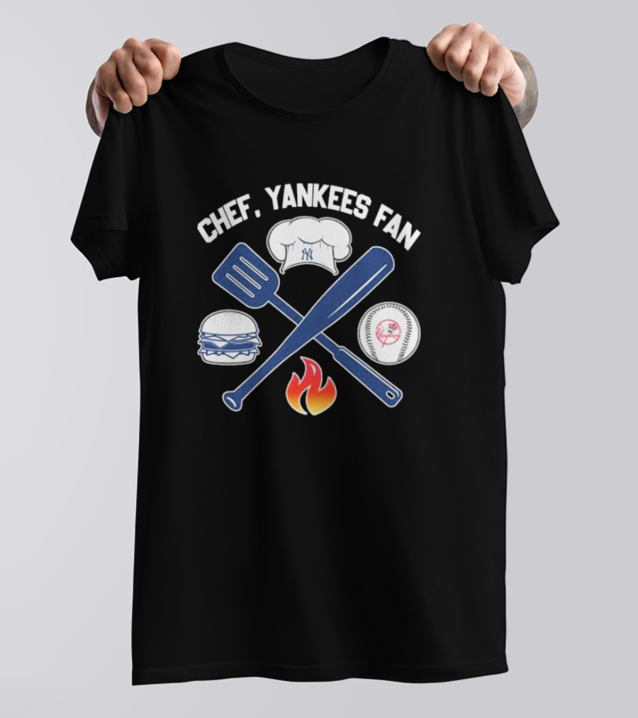 Chef Yankees Fan Hamburgers BBQ Baseball Cap Crossed Spatula Bat Fire Icon T-Shirt