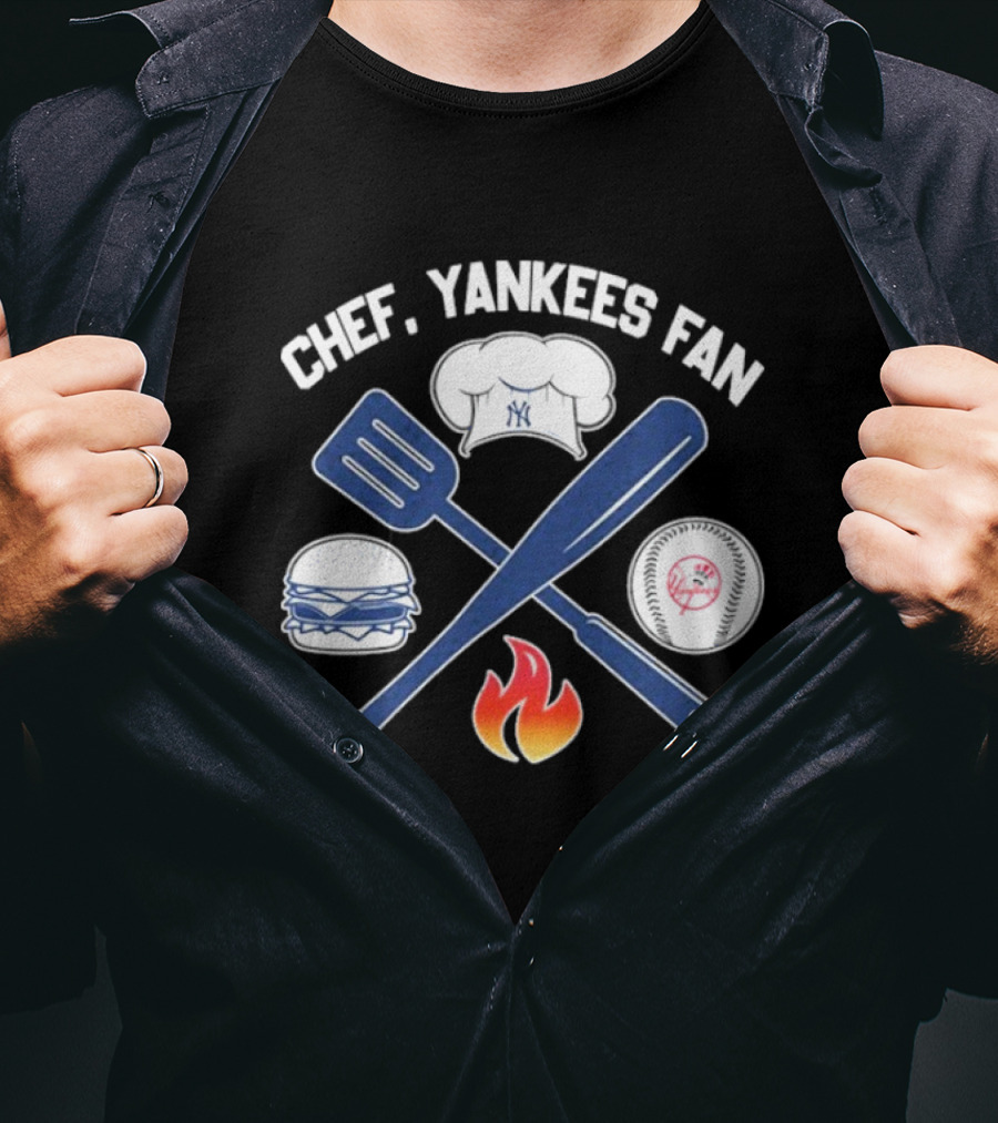 Chef Yankees Fan Hamburgers BBQ Baseball Cap Crossed Spatula Bat Fire Icon T-Shirt