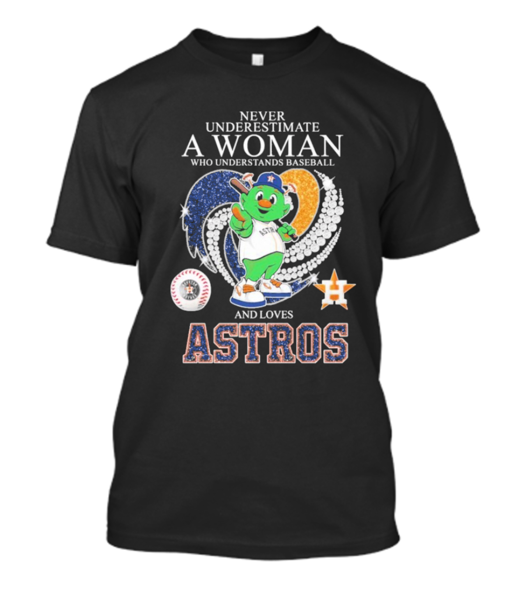 Never Underestimate A Woman Who Understands Baseball And Loves Houston Astros Mascot Diamond Heart T-Shirt