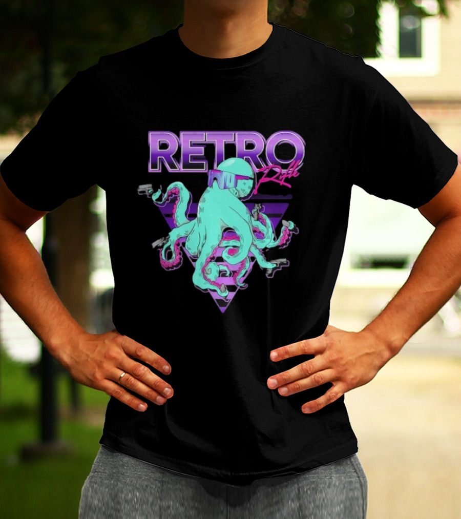 Retro Rifle Octoglock Neon Octopus With Guns And Sunglasses T-Shirt