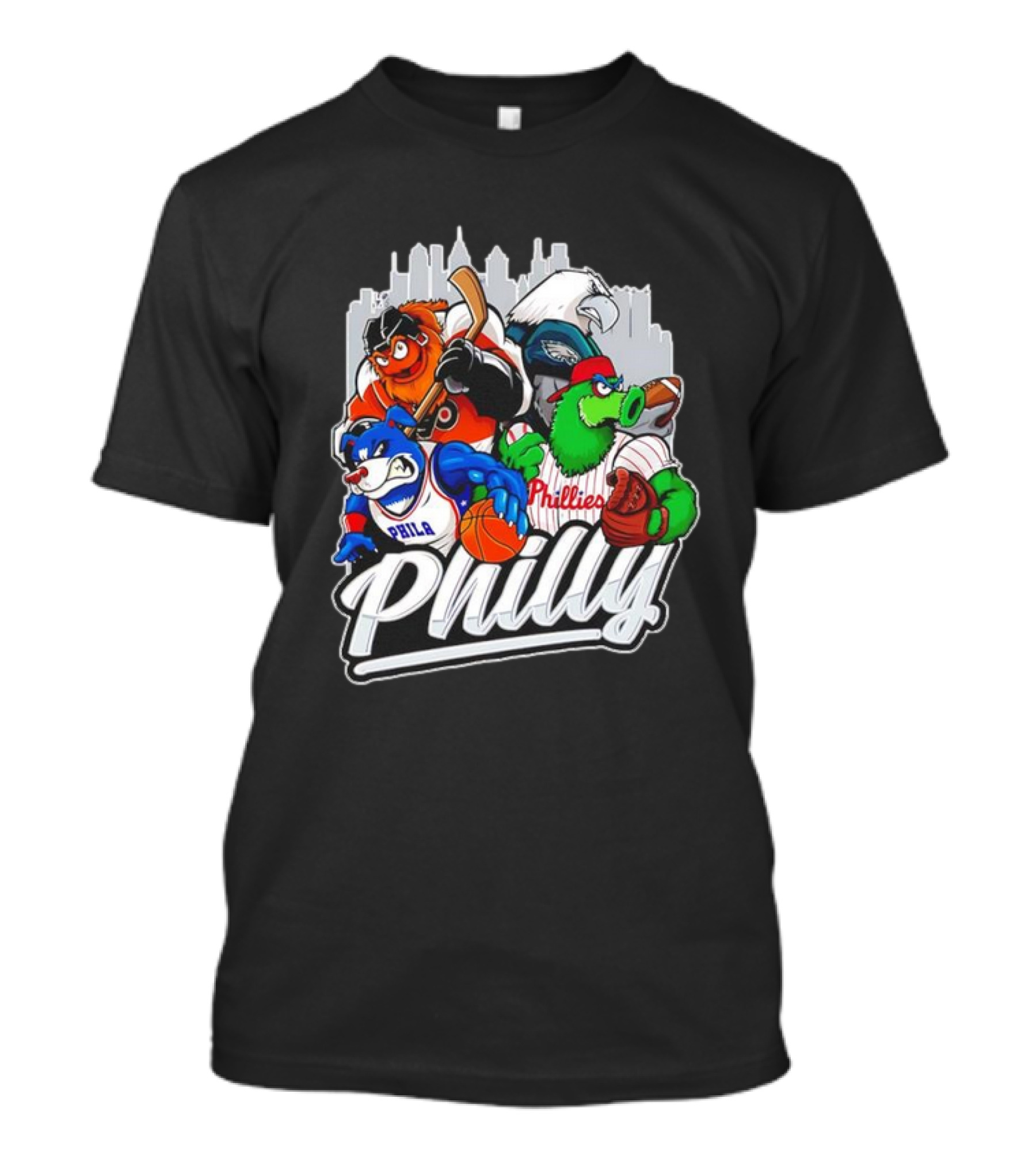 Philly Sports Mascots Basketball Baseball Hockey City Skyline T-Shirt