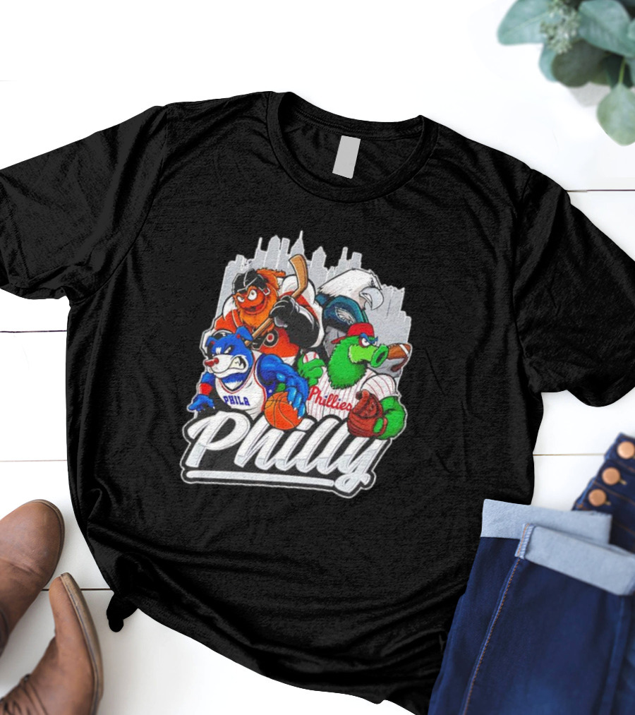 Philly Sports Mascots Basketball Baseball Hockey City Skyline T-Shirt