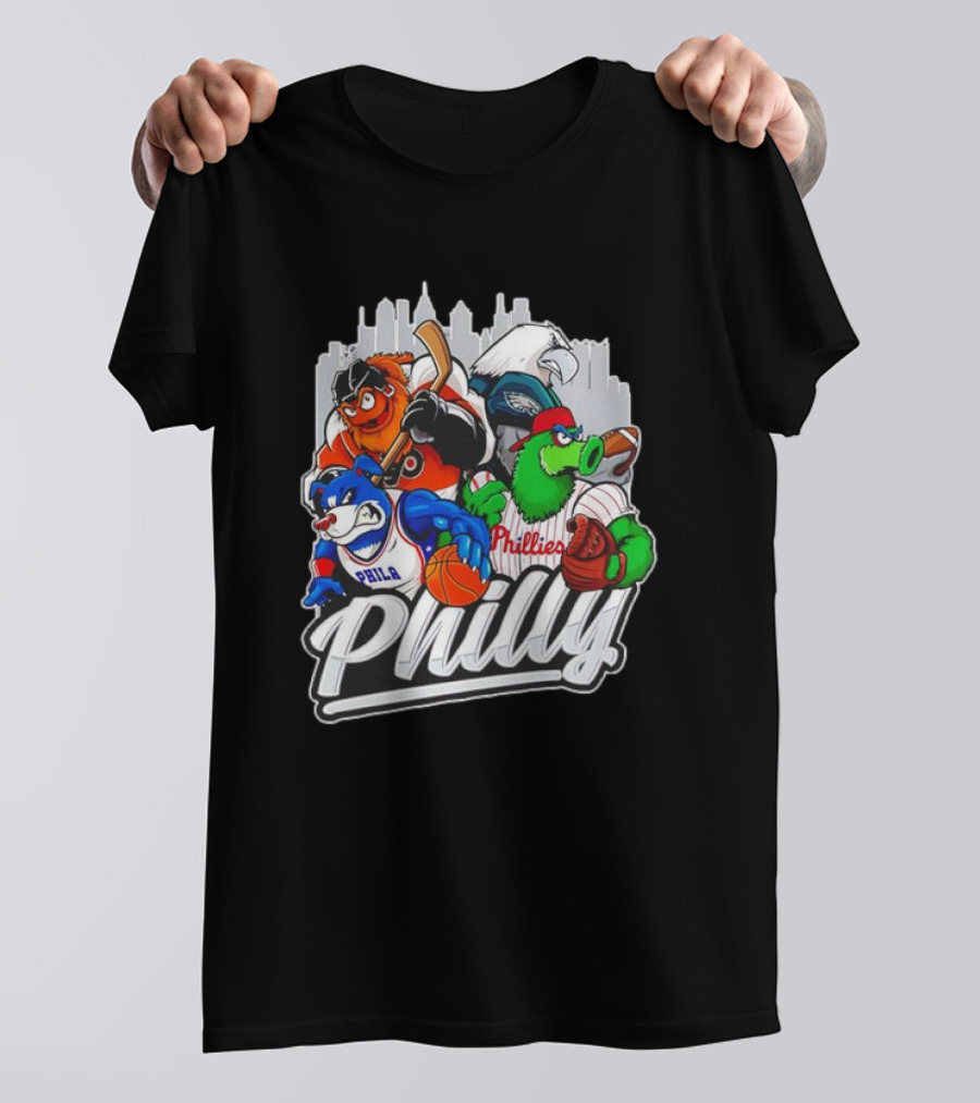 Philly Sports Mascots Basketball Baseball Hockey City Skyline T-Shirt