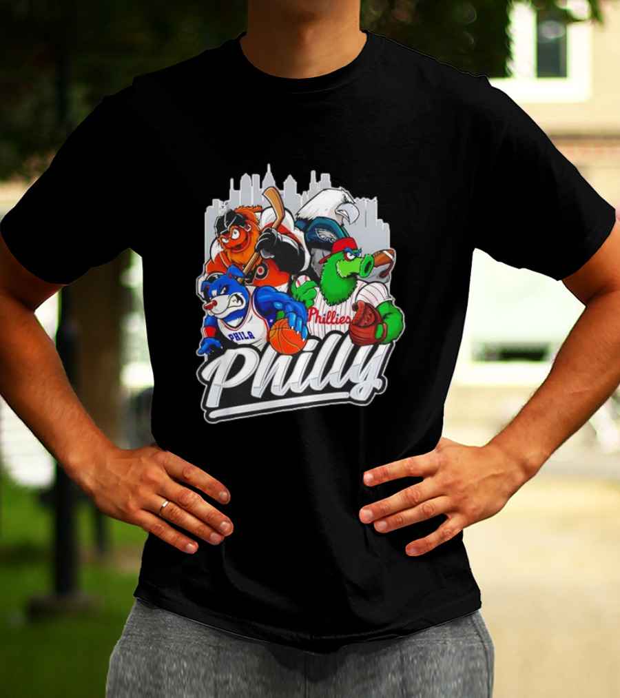Philly Sports Mascots Basketball Baseball Hockey City Skyline T-Shirt