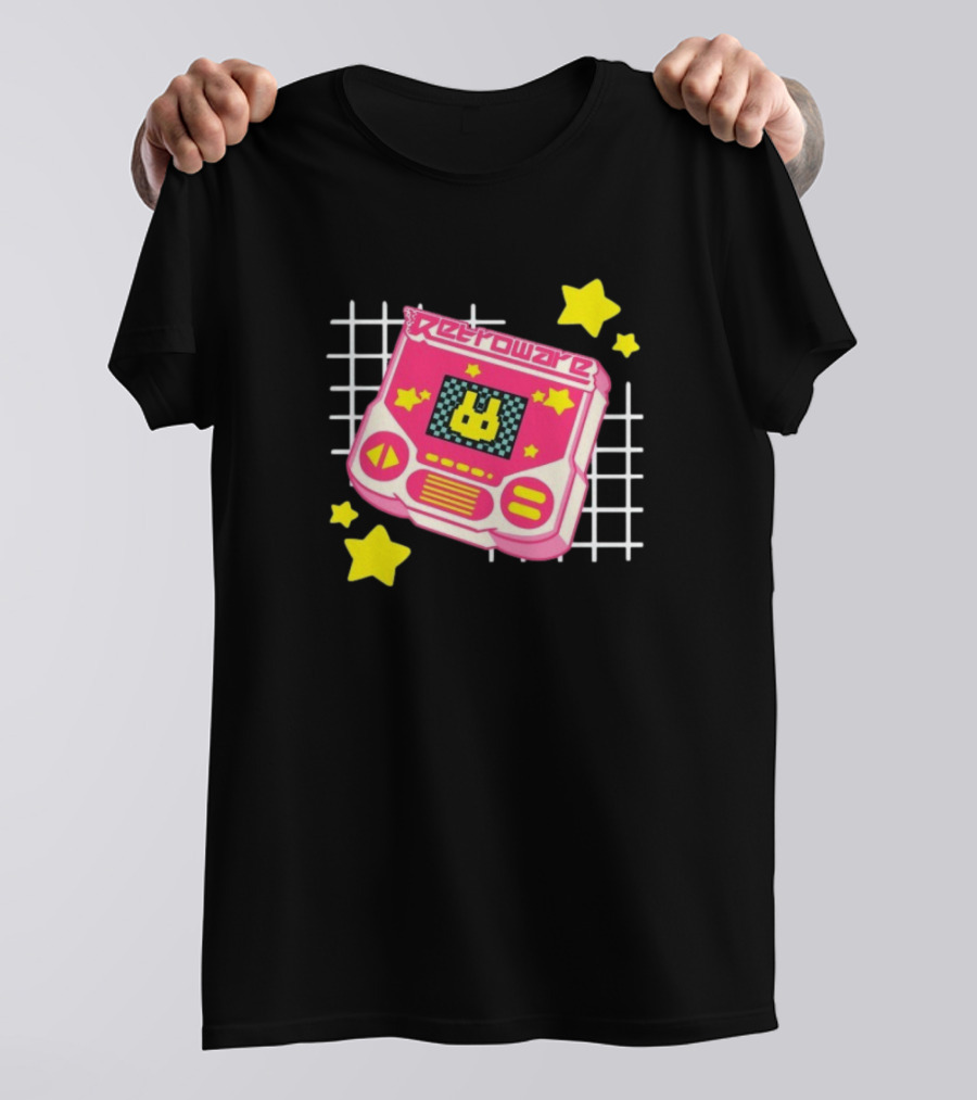 RetroWare Handheld Pink Star Arcade Pixel Bunny Game Typography T-Shirt