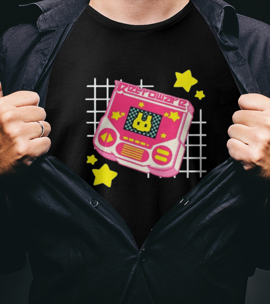 RetroWare Handheld Pink Star Arcade Pixel Bunny Game Typography T-Shirt