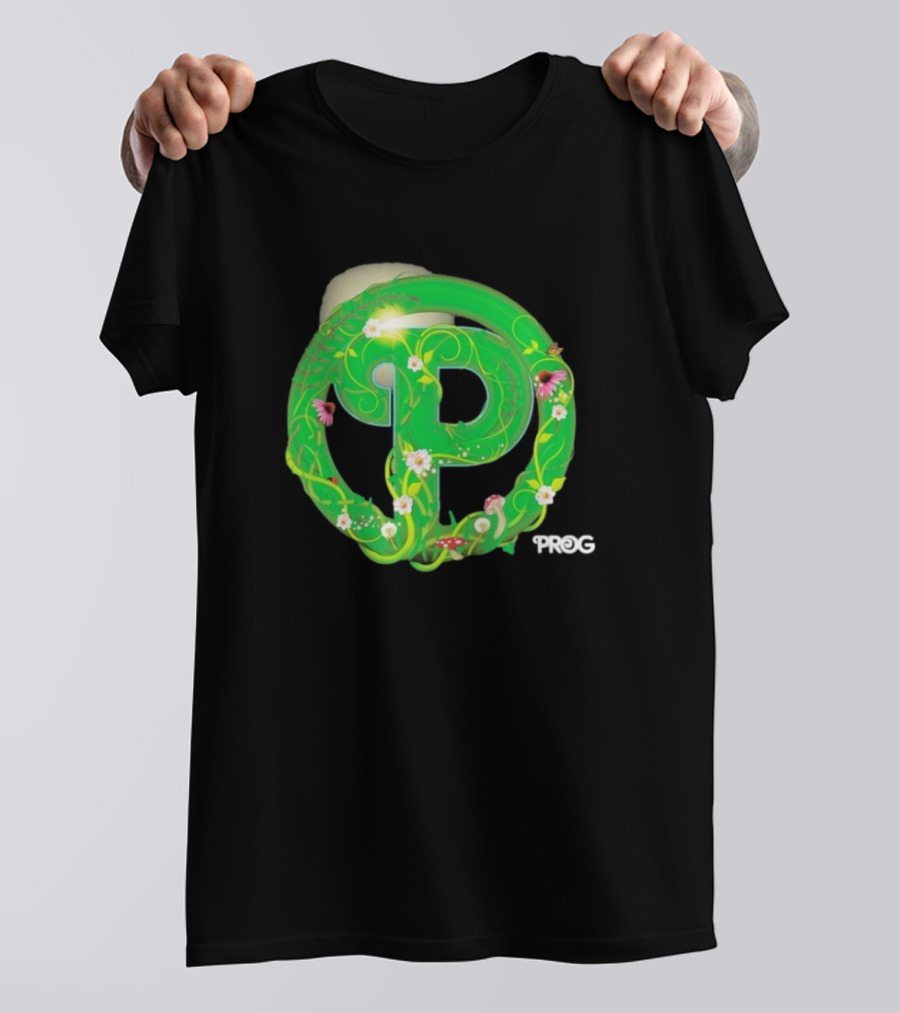 Prog Green Nature-Inspired Letter P With Flowers And Mushrooms T-Shirt