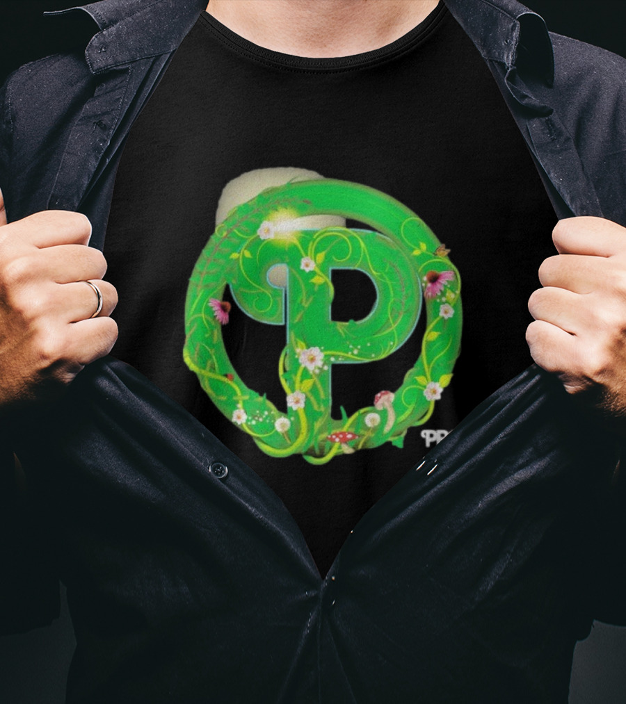 Prog Green Nature-Inspired Letter P With Flowers And Mushrooms T-Shirt