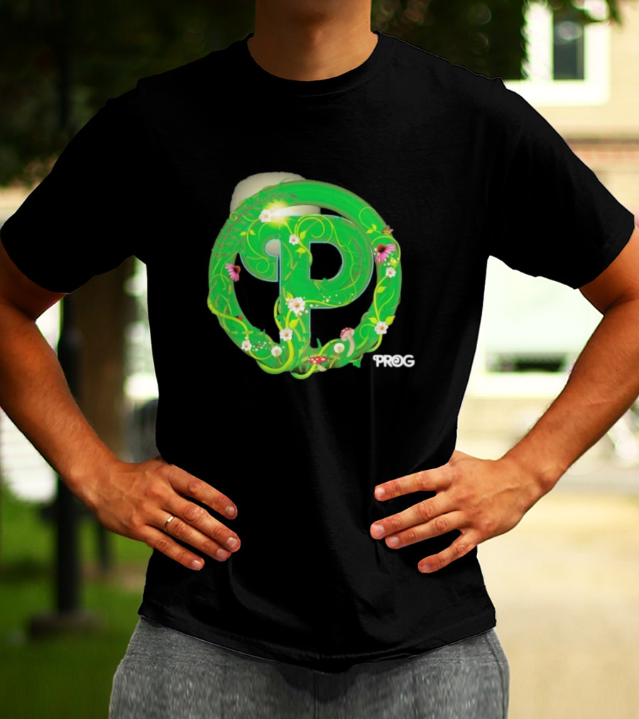 Prog Green Nature-Inspired Letter P With Flowers And Mushrooms T-Shirt