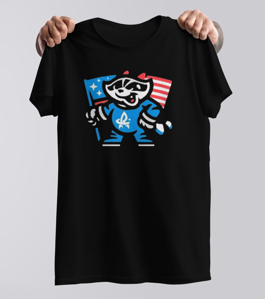 Rocket City Trash Pandas Mascot Holding American Flag And Rocket Logo T-Shirt