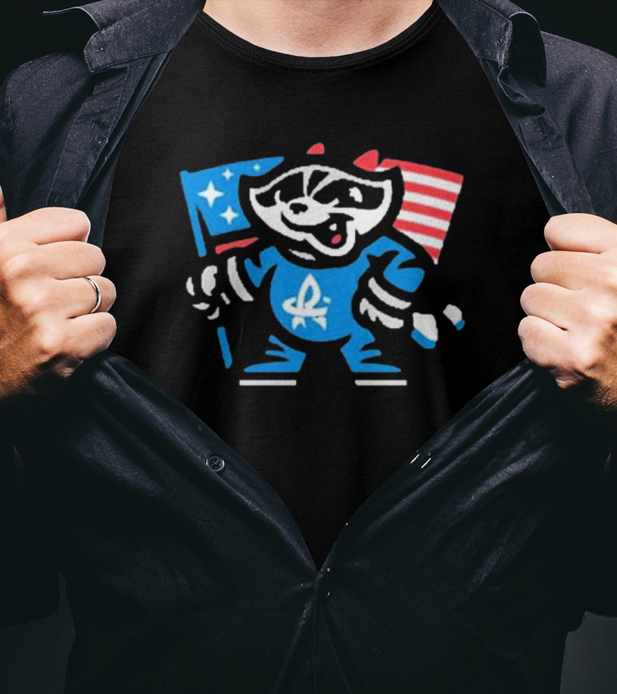 Rocket City Trash Pandas Mascot Holding American Flag And Rocket Logo T-Shirt