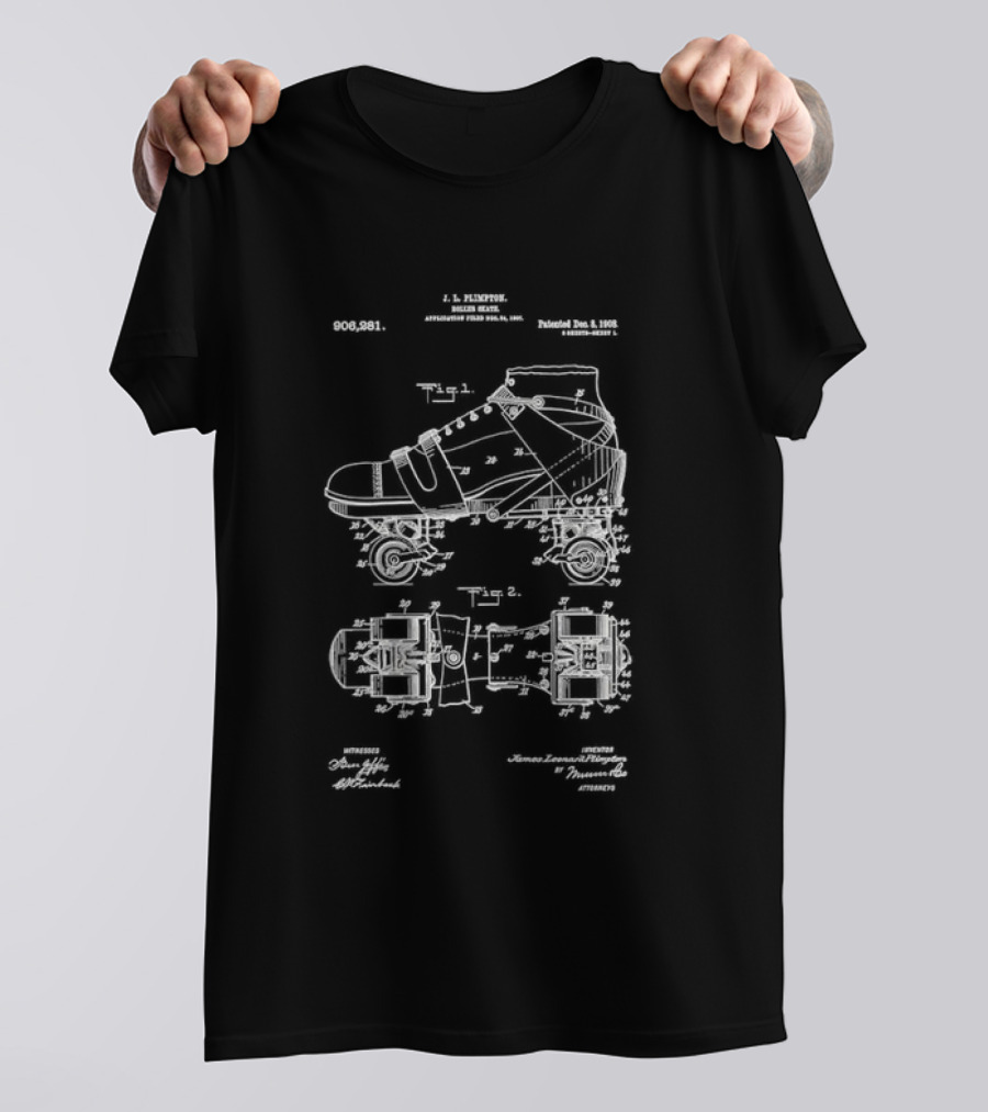 Roller Skate Patent Drawing With Adjustable Shoe Mechanism And Wheel Assembly T-Shirt