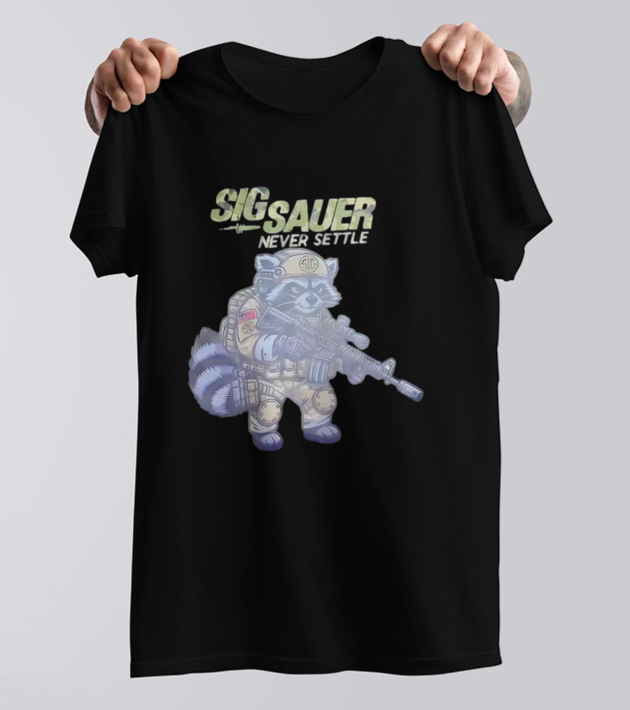 Raccoon Soldier Sig Sauer Never Settle Tactical Gear T-Shirt