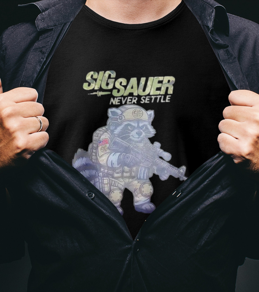 Raccoon Soldier Sig Sauer Never Settle Tactical Gear T-Shirt