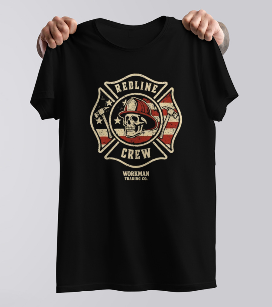 Redline Crew Workman Trading Co Skull Firefighter American Flag T-Shirt